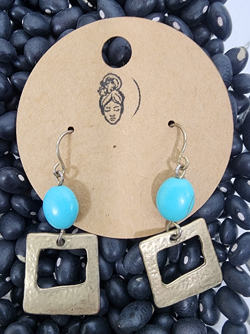 Turquoise Drop Earrings with Hammered Gold Squares - Jewelry